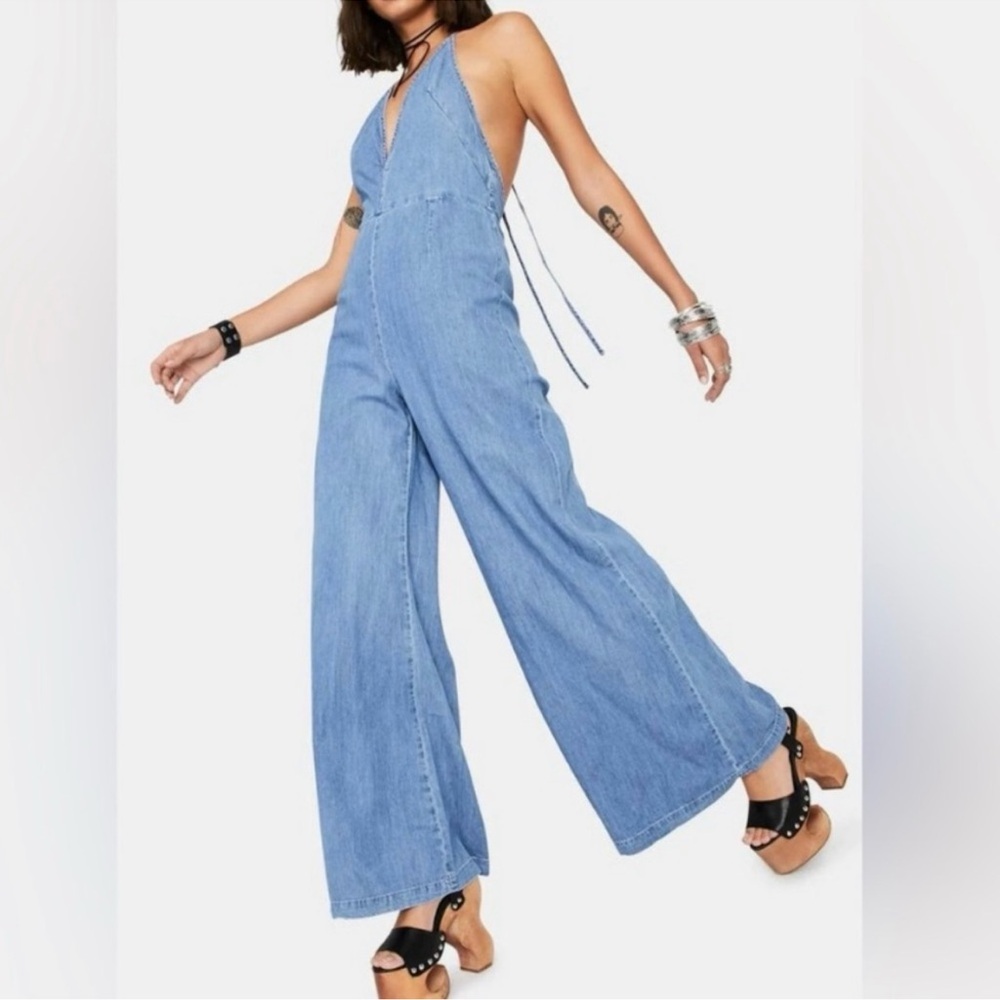 Free People Light Blue Denim Halter Jumpsuit